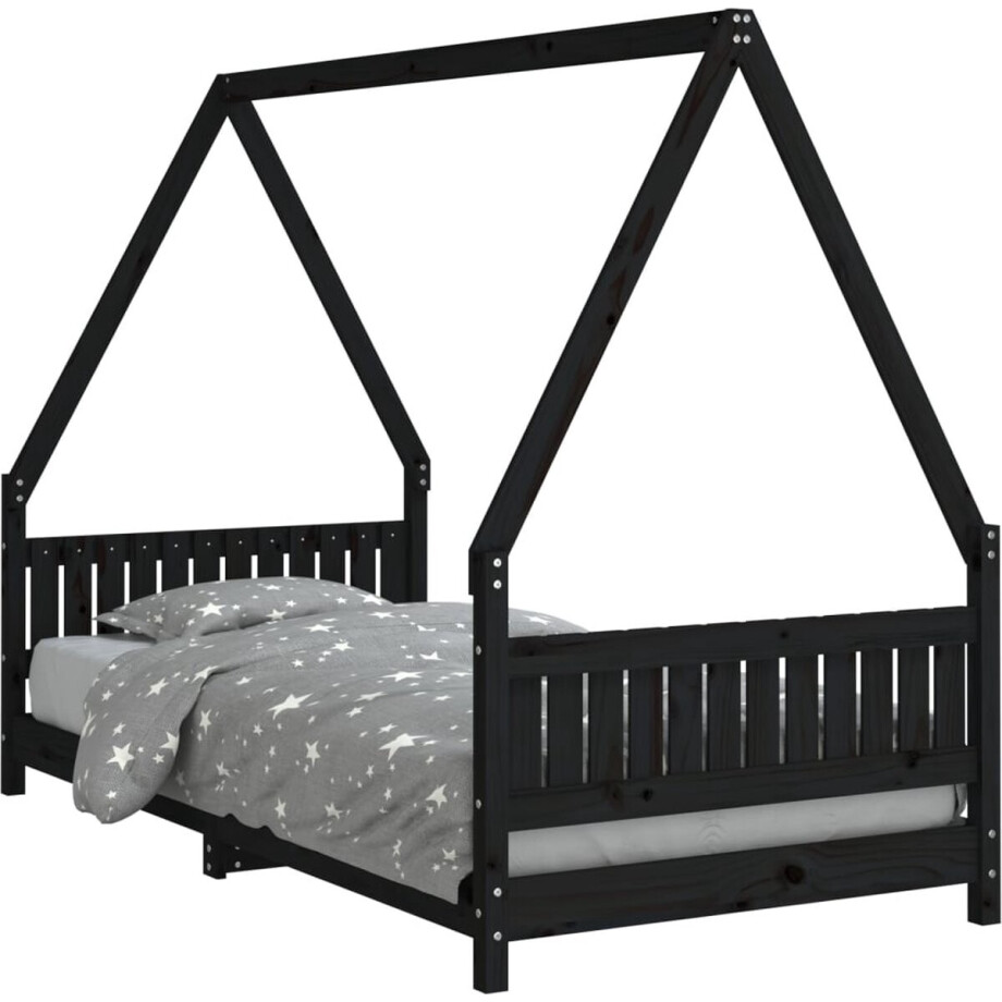 vidaXL - Kinderbedframe - 90x190 - cm - massief - grenenhout - zwart vidaXL - Kinderbedframe - 90x190 - cm - massief - grenenhout - zwart afbeelding 1
