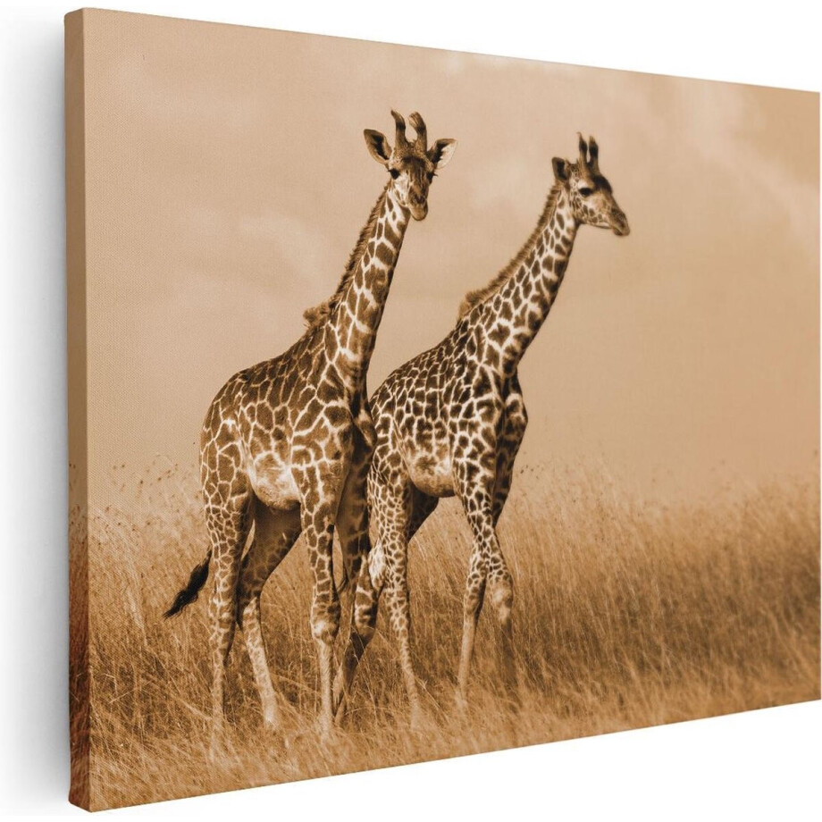 Artaza Canvas Schilderij Twee Giraffes In Het Veld - 80x60 cm - Wanddecoratie Woonkamer - Schilderijen - Muurdecoratie afbeelding 1
