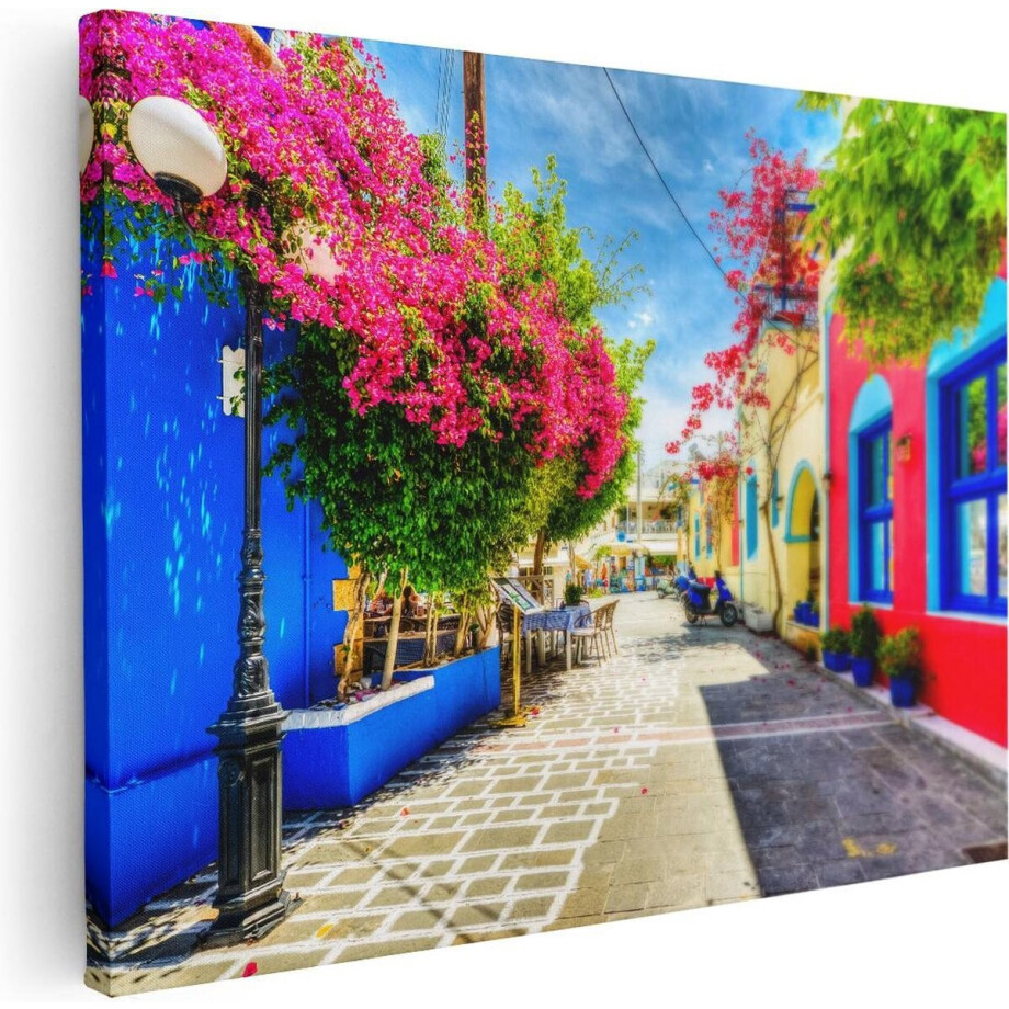 Artaza Canvas Schilderij Kleurrijke Straat op het Eiland Kos, Griekenland - 80x60 - Foto Op Canvas - Canvas Print afbeelding 1
