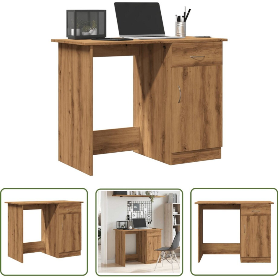 vidaXL Houten Bureau - Bureau - Bureau 100x50x76 cm bewerkt hout artisanaal eikenkleur - Eiken Kleurtoneel - Kantoor Bureau - Werkblad afbeelding 1