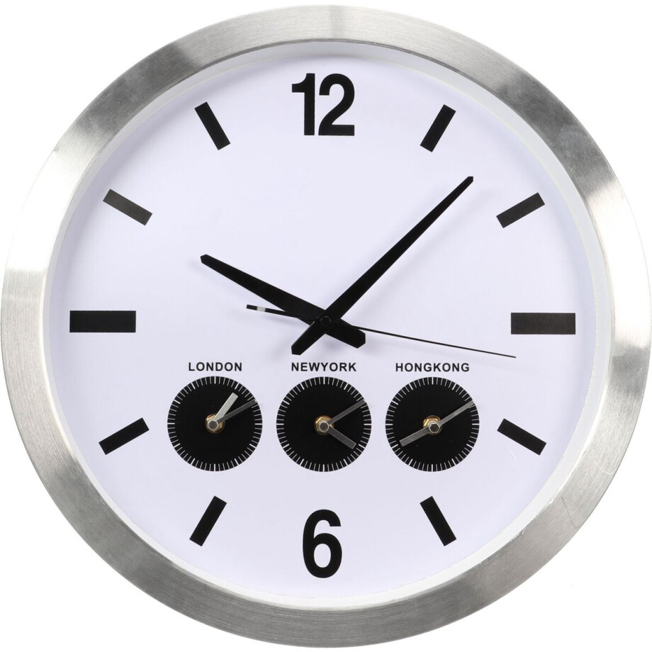 Perel Analoge wereldklok met 3 tijdzones, muurmodel met automatische zomer/wintertijd omschakeling, exclusief batterijen afbeelding 1
