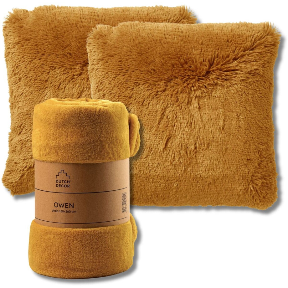 Dutch Decor - VOORDEELSET - 3-delig - Fluffy & Owen - 2 sierkussens 45x45 cm - 1 plaid 130x160 cm - geel Dutch Decor - VOORDEELSET - 3-delig - Fluffy & Owen - 2 sierkussens 45x45 cm - 1 plaid 130x160 cm - geel afbeelding 1