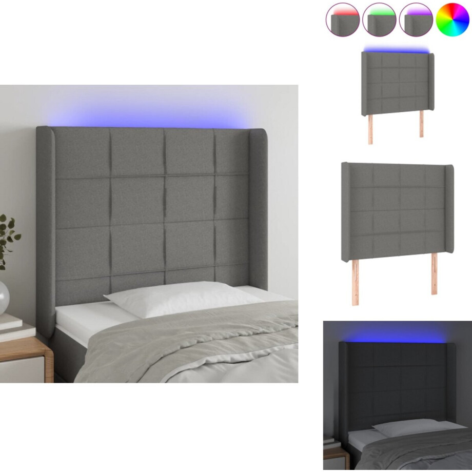 vidaXL Hoofdbord - Hoofdborden - Hoofdeinde - Houten Hoofdbord - Hoofdbord LED 103x16x118/128 cm stof donkergrijs afbeelding 1