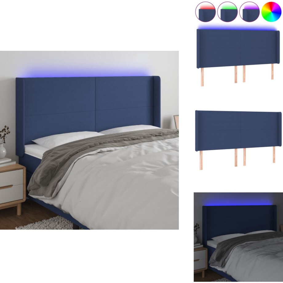 vidaXL Hoofdbord - Hoofdborden - Hoofdeinde - Houten Hoofdbord - Hoofdbord LED 163x16x118/128 cm stof blauw afbeelding 1