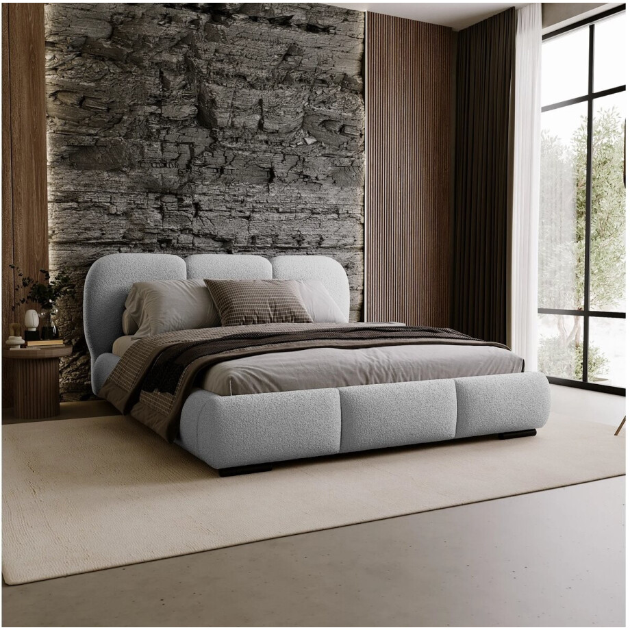 Gestoffeerd Tweepersoons Opbergbed 160x200 cm – Luxe Bouclé Teddy Stof Lichtgrijs – Modern Slim Design Bed met Houten Lattenbodem & Grote Opbergruimte – Holi Style Comfort Bed – Abkantoor afbeelding 1