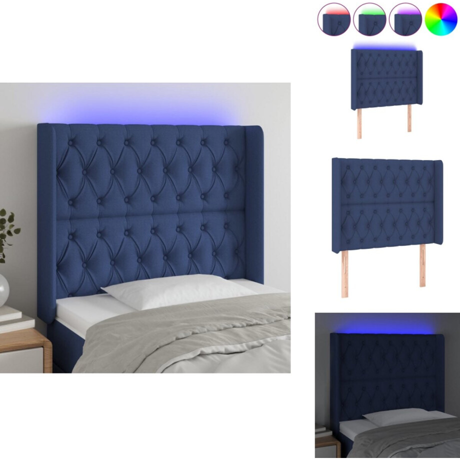 vidaXL Hoofdbord - Hoofdborden - Hoofdeinde - Houten Hoofdbord - Hoofdbord LED 103x16x118/128 cm stof blauw afbeelding 1