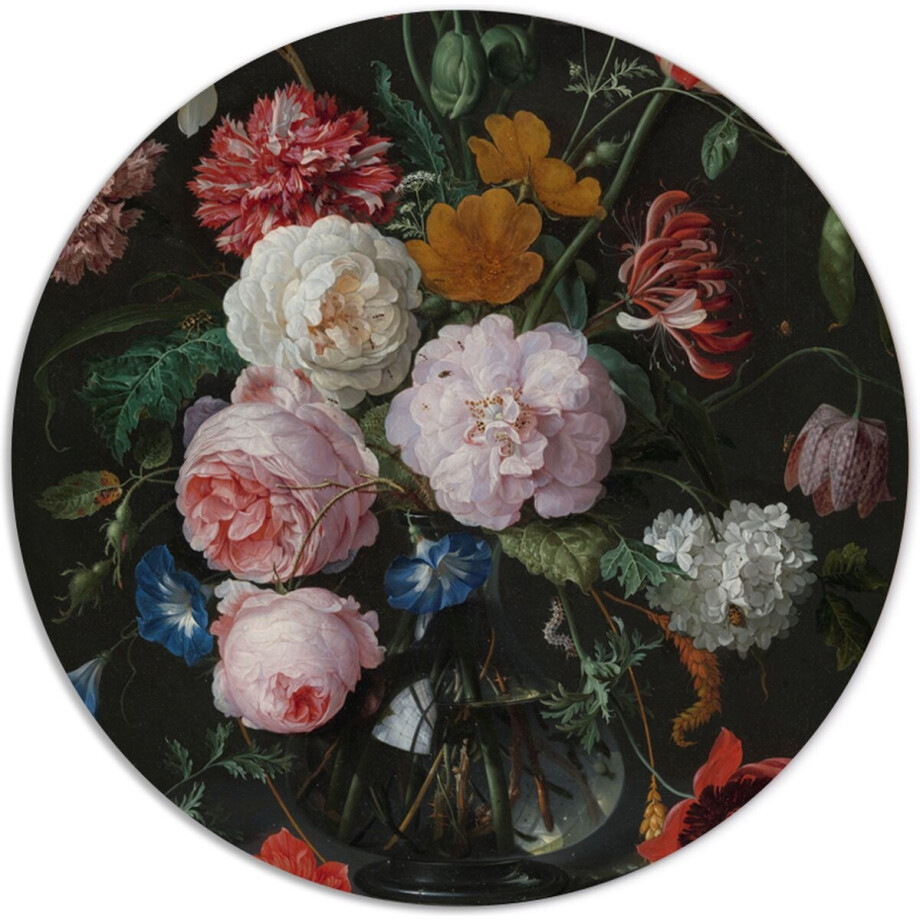 Muurcirkel Stilleven met bloemen in een glazen vaas, Jan Davidsz. de Heem Ø 20 cm / Forex afbeelding 1