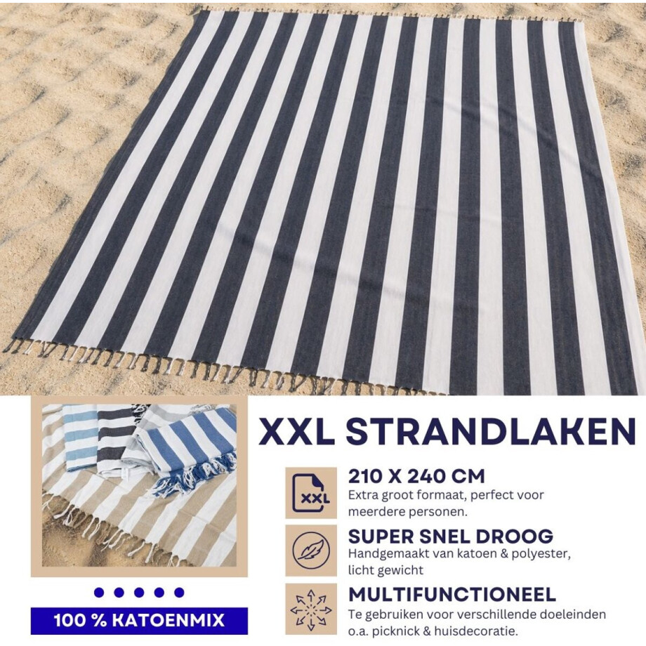 Luxe XXL 240 x 210 cm Hamamdoek- XXL Groot Vakantie Strandlaken -tweepersoons Strandkleed - Katoenmix - Zwart Wit gestreept - aesthetic- Sneldrogende Strandlakens - Bedsprei extra groot afbeelding 1