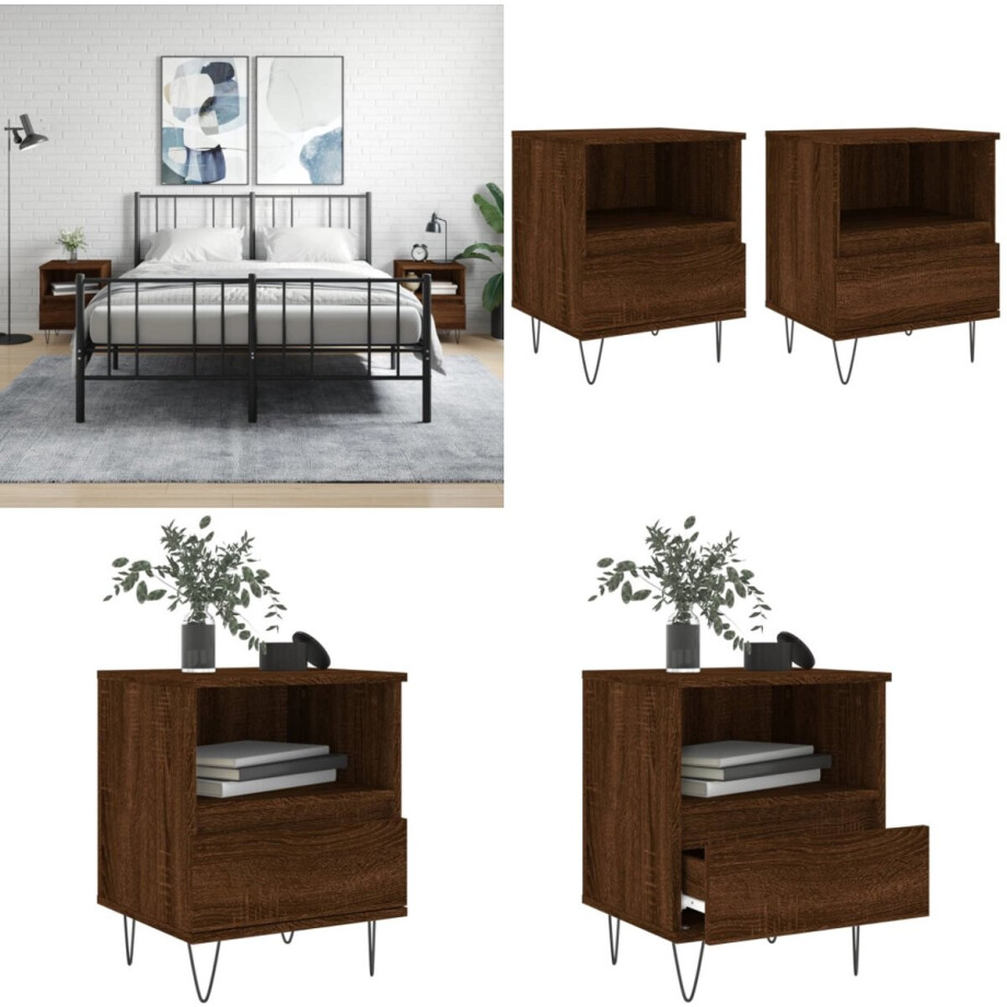 vidaXL Nachtkastjes 2 st 40x35x50 cm bewerkt hout bruin eikenkleur - Nachtkastje - Nachtkastjes - Bijzettafel - Wandkastje afbeelding 1