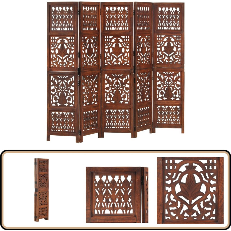 vidaXL - Kamerscherm - 5 - panelen - handgesneden - 200x165 - cm - mangohout - bruin vidaXL - Kamerscherm - 5 - panelen - handgesneden - 200x165 - cm - mangohout - bruin afbeelding 1