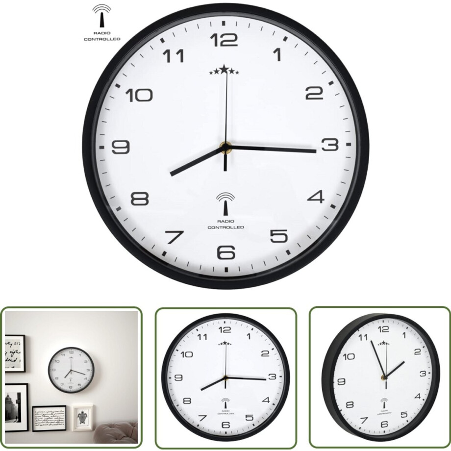 vidaXL Wandklok - Radiogestuurd - 31 cm - Zwart/Wit Muurklok - Radiogestuurd - Wandklok - Keuken - Woonkamer afbeelding 1
