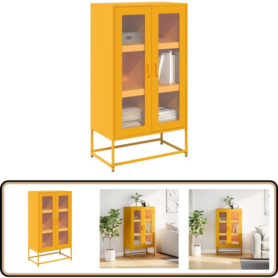 vidaXL Hoge kast - 68x39x123 cm - Staal - Mosterdgeel Hoge Kast - Opslagoplossing - Keukenopslag - Metalen Kast - Mustard Geel afbeelding 1