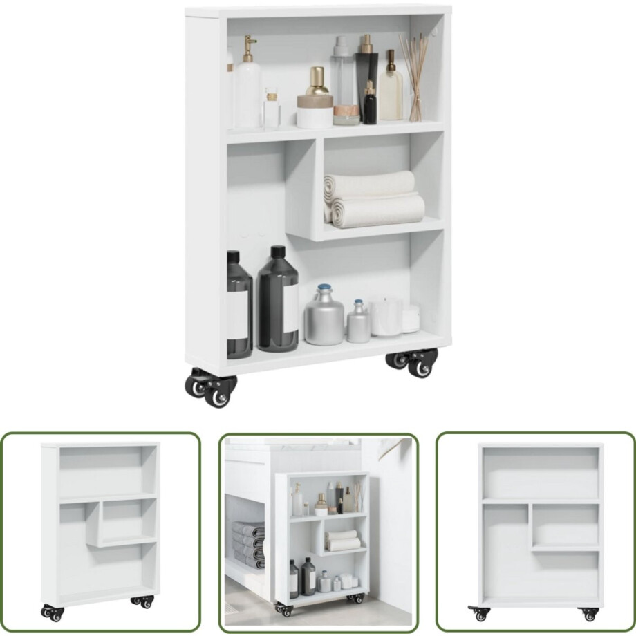 vidaXL Slimme Opslag - Opslag Trolley - Opbergtrolley smal 48x13x68 cm bewerkt hout wit - Houten Trolley - Witte Trolley - Opberger afbeelding 1