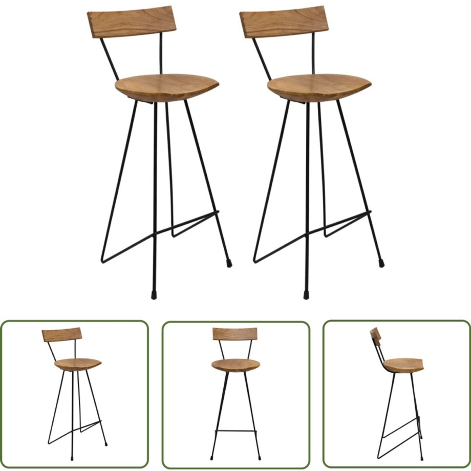 vidaXL Barkrukken 2 st massief teakhout Barstoelen - Teak Hout - Barkrukken - Vintage Stoel - Industrieel Design afbeelding 1