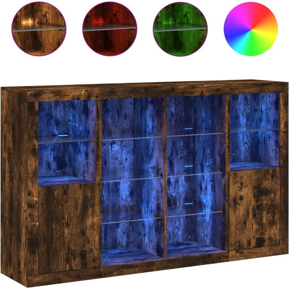 vidaXL - Dressoirs - met - LED-verlichting - 3 - st - bewerkt - hout - gerookt - eiken afbeelding 1