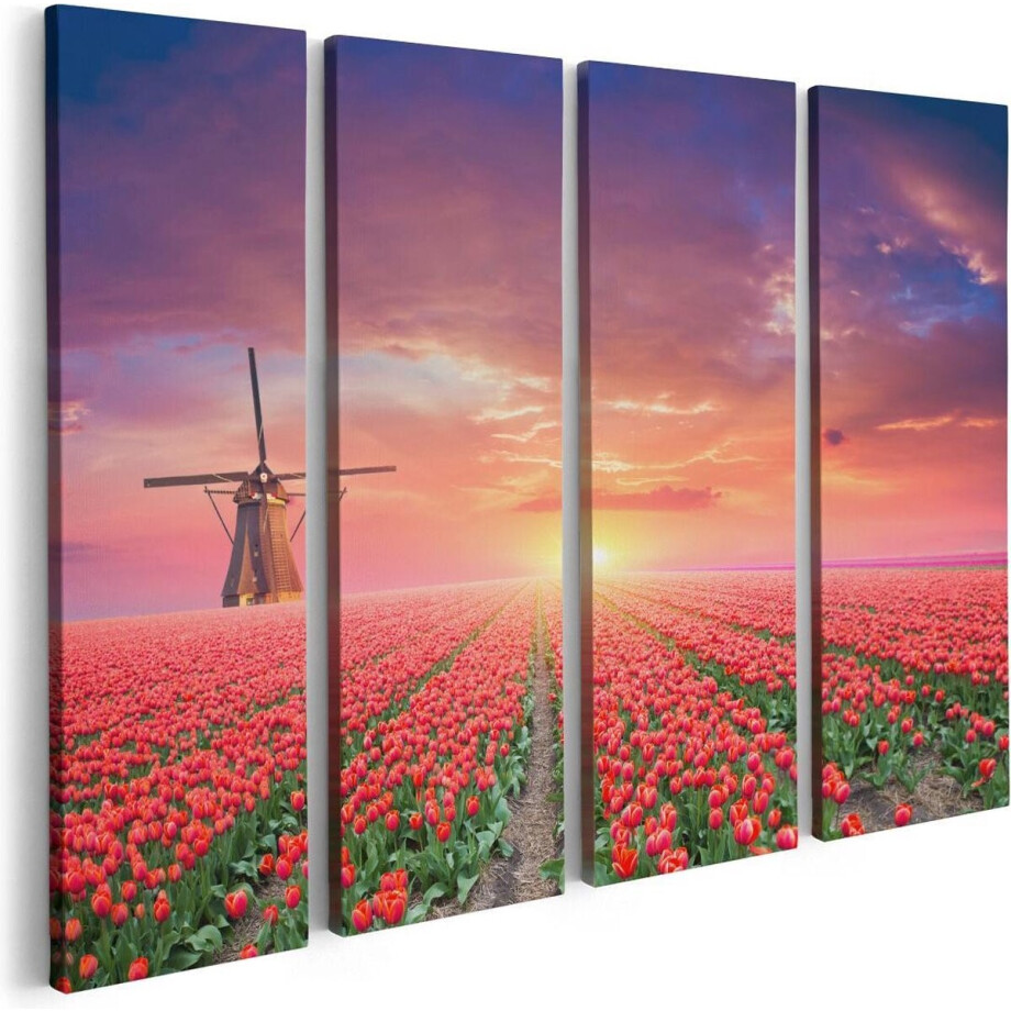 Artaza Canvas Schilderij Vierluik Rode Rozen Bloemenveld Met Een Windmolen - 80x60 - Foto Op Canvas - Canvas Print afbeelding 1
