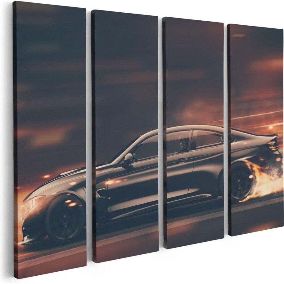 Artaza Canvas Schilderij Vierluik Zwarte Sportwagen Auto Met Vlammen - 80x60 - Foto Op Canvas - Canvas Print afbeelding 1