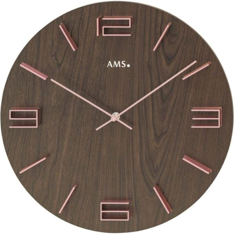 AMS W9591 - Wandklok - Analoog - Hout - Aluminium - Bruin AMS W9591 - Wandklok - Analoog - Hout - Aluminium - Bruin afbeelding 1