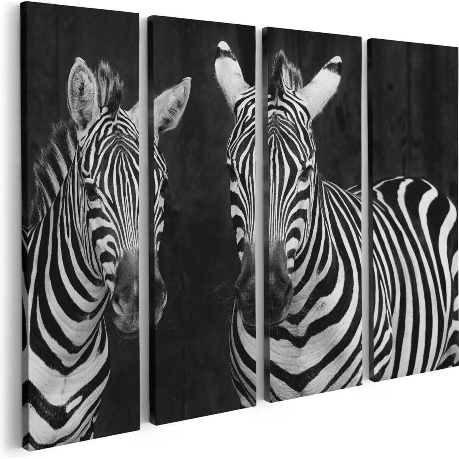 Artaza Canvas Schilderij Vierluik Twee Zebra's - Zwart Wit - 80x60 - Foto Op Canvas - Canvas Print afbeelding 1