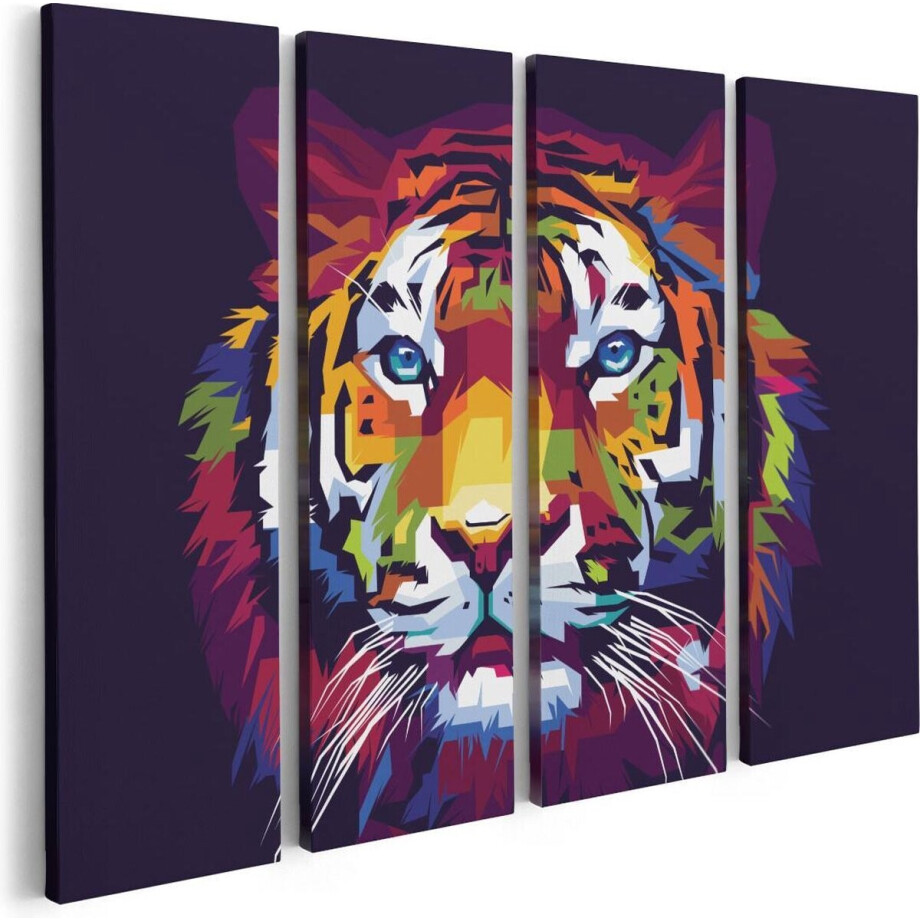 Artaza Canvas Schilderij Vierluik Kleurrijke Tijger - Abstract - 80x60 - Foto Op Canvas - Canvas Print afbeelding 1