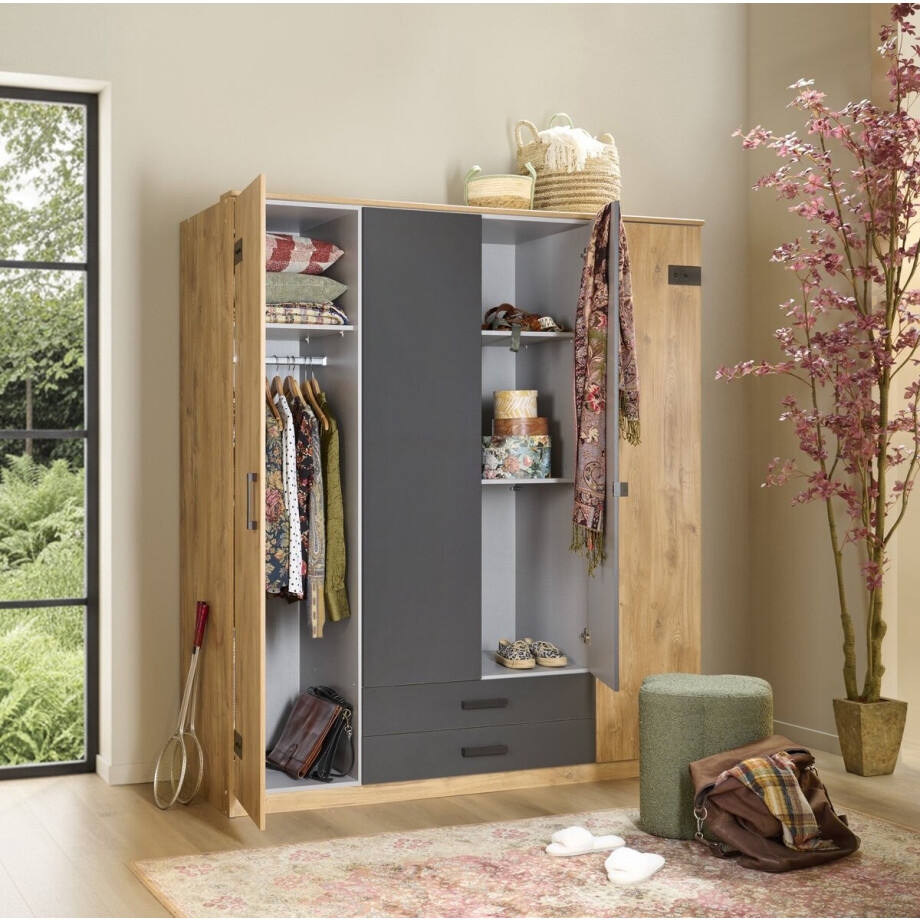 Kledingkast Stratum 180x199x55 cm (BxHxD) - Draaideur - 4 legplanken & 2 roedes - Slaapkamer - Industrieel afbeelding 1