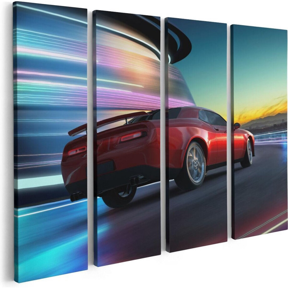 Artaza Canvas Schilderij Vierluik Rode Sportwagen Auto In De Stad - 80x60 - Foto Op Canvas - Canvas Print afbeelding 1