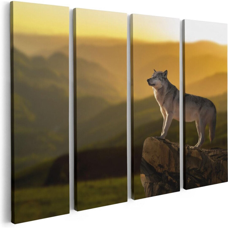 Artaza Canvas Schilderij Vierluik Wolf Op Een Rots Met Een Heuvel Landschap - 80x60 - Foto Op Canvas - Canvas Print afbeelding 1