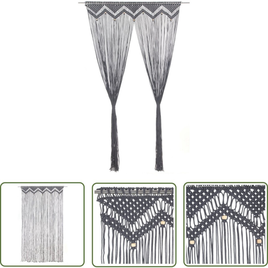 vidaXL Macrame Gordijn - Draadgordijn - Gordijn macramé 140x240 cm katoen antraciet - Raamdecoratie - Gordijn - Kamer Afscheider afbeelding 1