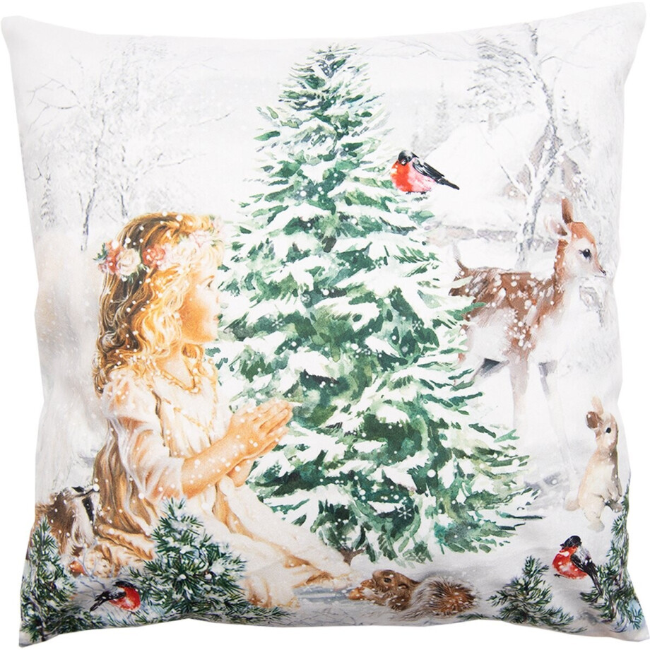 Clayre & Eef Kussenhoes 45x45 cm Wit Groen Polyester Engel Sierkussenhoes afbeelding 1