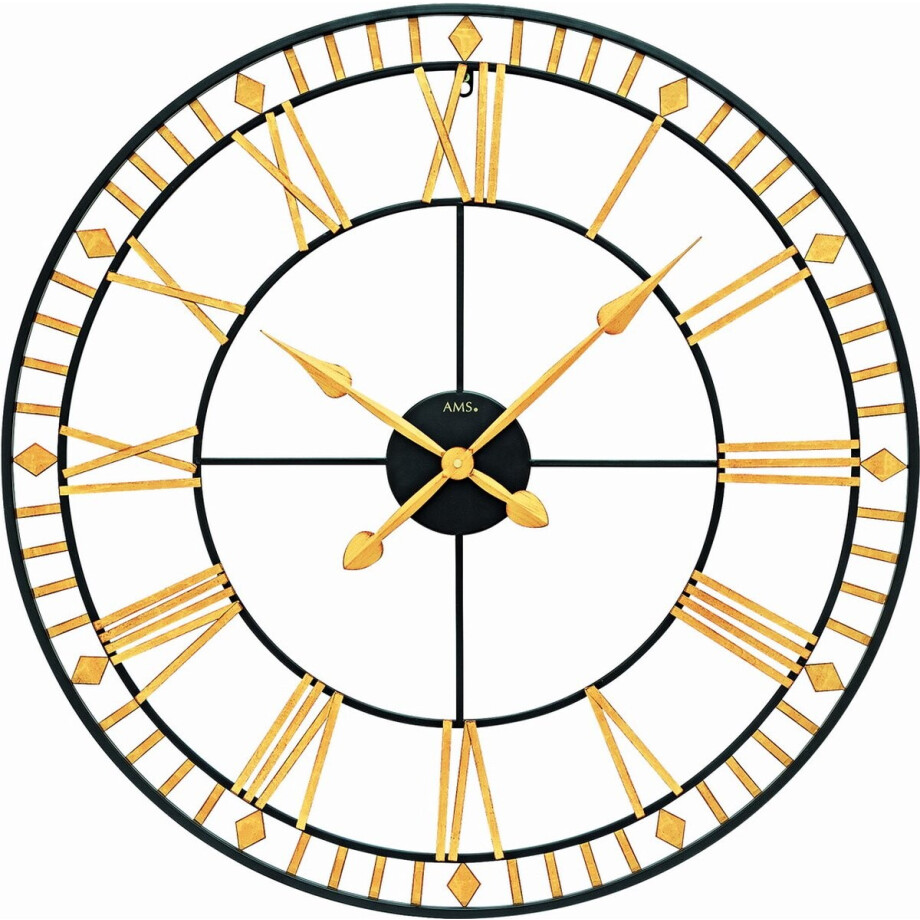 AMS W9647 - Wandklok - Analoog - Quartz - Rond - Metaal - Romeinse Cijfers - Zwart - Goudkleurig - D80 x 6 cm afbeelding 1