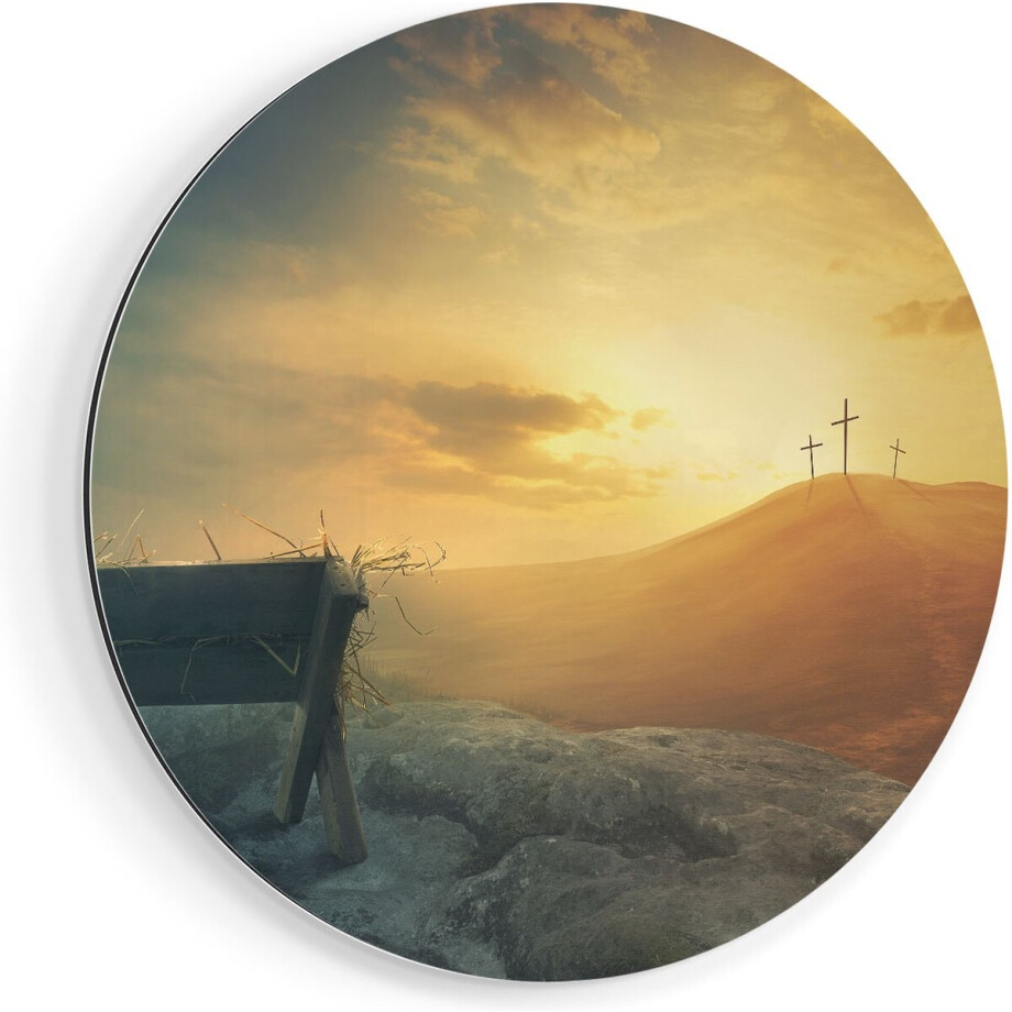 Artaza Dibond Muurcirkel Kribbe en Drie Kruisen  - Ø 50 cm - Klein - Wandcirkel - Rond Schilderij - Voor Binnen en Buiten afbeelding 1