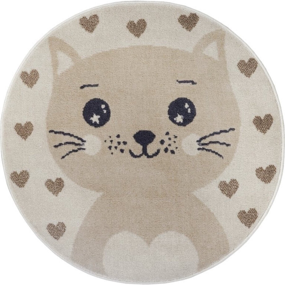 Flycarpets Adventures Kinderkleed Rond vloerkleed -Kat - Crème / Beige - 140x140 cm Flycarpets Adventures Kinderkleed Rond vloerkleed -Kat - Crème / Beige - 140x140 cm afbeelding 1