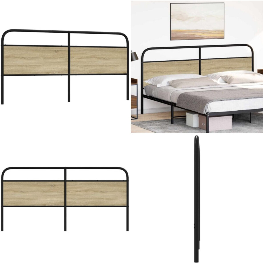 vidaXL Hoofdbord 200 cm staal en bewerkt hout sonoma eikenkleurig - Bed Hoofdbord - Bedhoofdbord - Hoofdbord Bed - Hoofdeinde Bed afbeelding 1