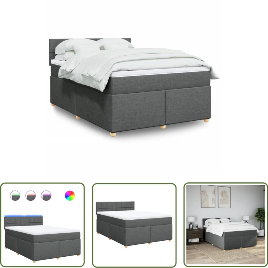 vidaXL Matras - Boxspring - Boxspring met matras stof donkergrijs 160x200 cm - Led Verlichting - Boxspringbed - Bedroom Furniture afbeelding 1