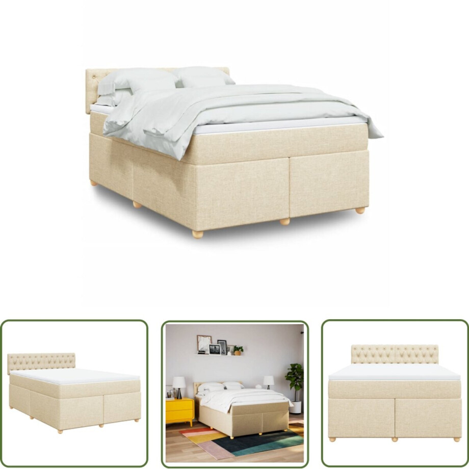 vidaXL Slaapcomfort - Boxspring - Boxspring met matras stof crèmekleurig 160x200 cm - Boxspringbed - Creme Kleurig - Matras afbeelding 1