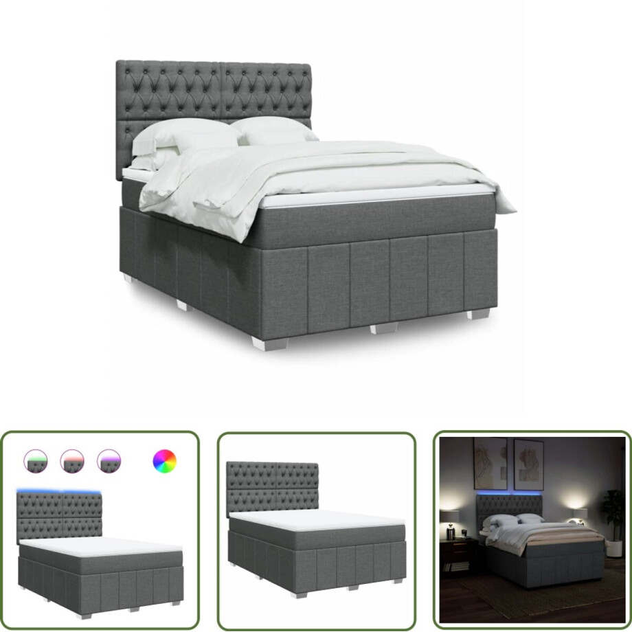 vidaXL Boxspringbed - Boxspring - Boxspring met matras stof donkergrijs 140x200 cm - Led Verlichting - Matras - Pocketveringmatras vidaXL Boxspringbed - Boxspring - Boxspring met matras stof donkergrijs 140x200 cm - Led Verlichting - Matras - Pocketveringmatras afbeelding 1