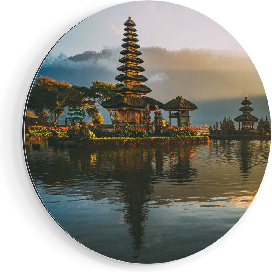 Artaza Dibond Muurcirkel Pura Tempel in Bali op het Meer Beratan - Ø 90 cm - Groot - Wandcirkel - Rond Schilderij - Voor Binnen en Buiten afbeelding 1