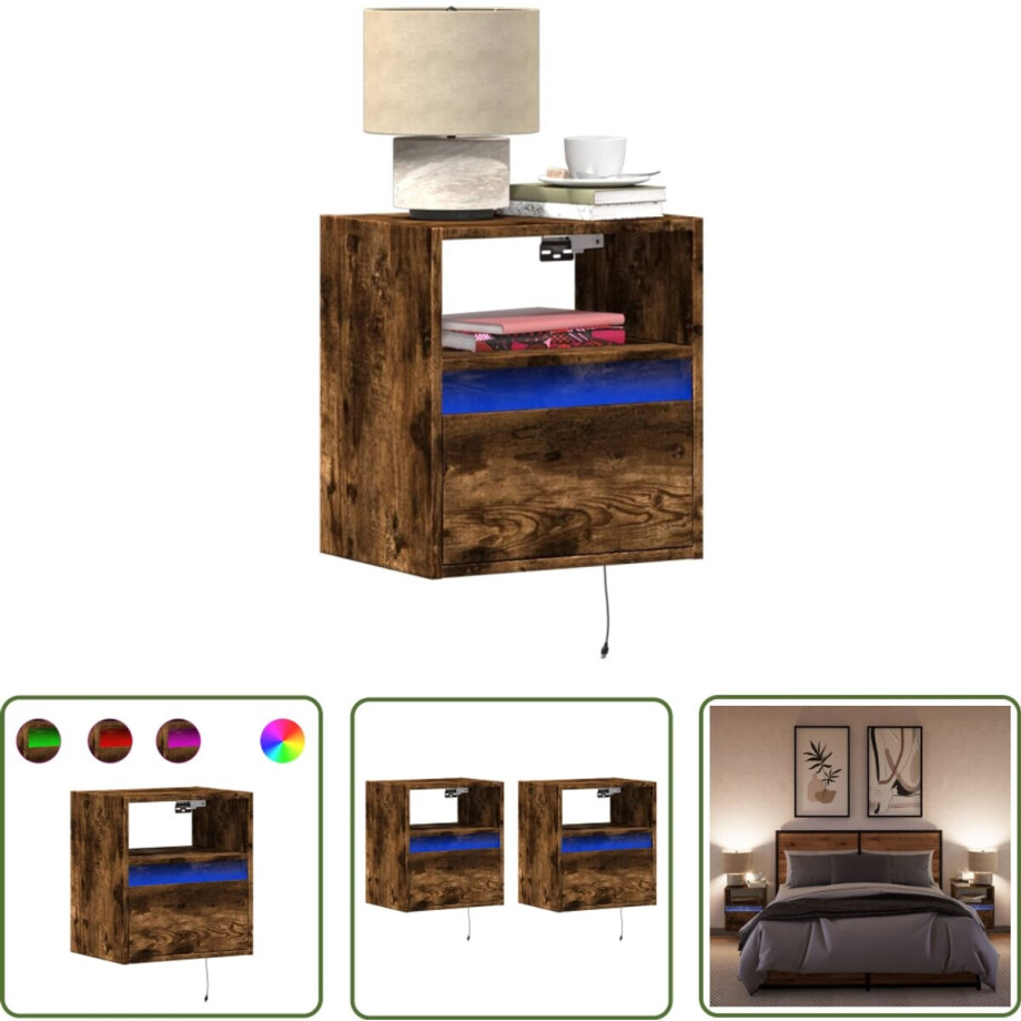 vidaXL Led Lampen - Nachttasjes - Nachtkastjes met LED's 2 st wandgemonteerd gerookt eikenkleurig - Wandmontage - Slaapkamer Decoratie - Houten Nachtstand vidaXL Led Lampen - Nachttasjes - Nachtkastjes met LED's 2 st wandgemonteerd gerookt eikenkleurig - Wandmontage - Slaapkamer Decoratie - Houten Nachtstand afbeelding 1