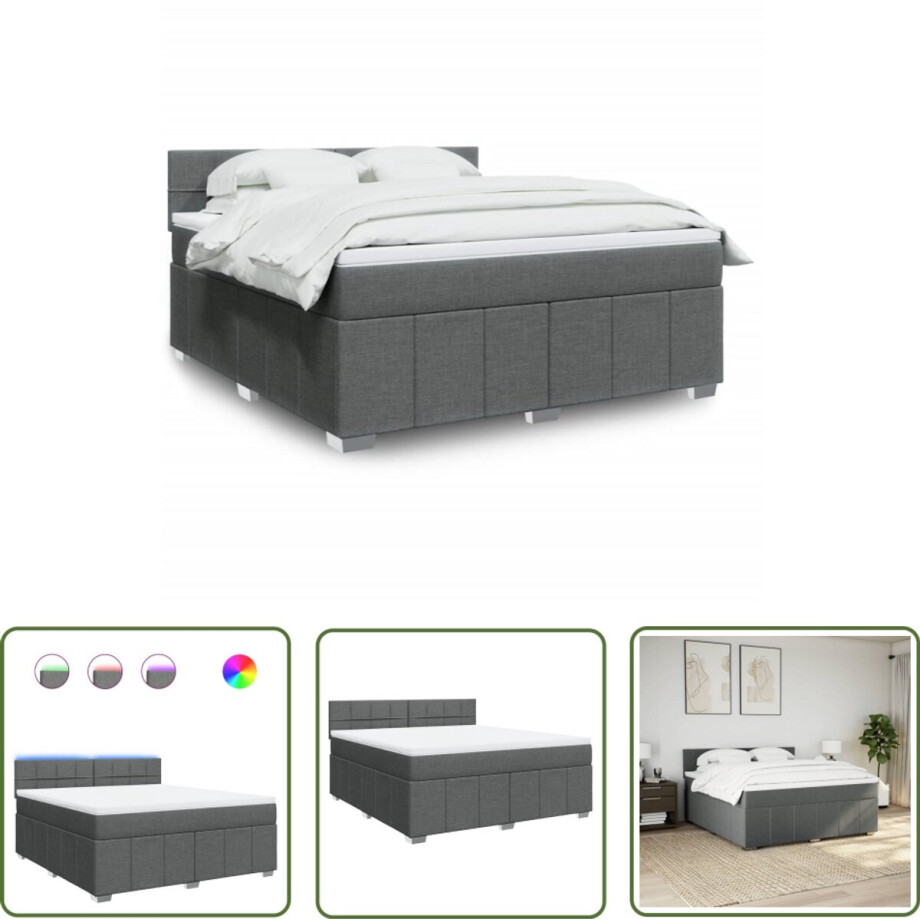 vidaXL Slaapcomfort - Boxspring - Boxspring met matras stof donkergrijs 180x200 cm - Matras - Led Verlichting - Dark Grey afbeelding 1