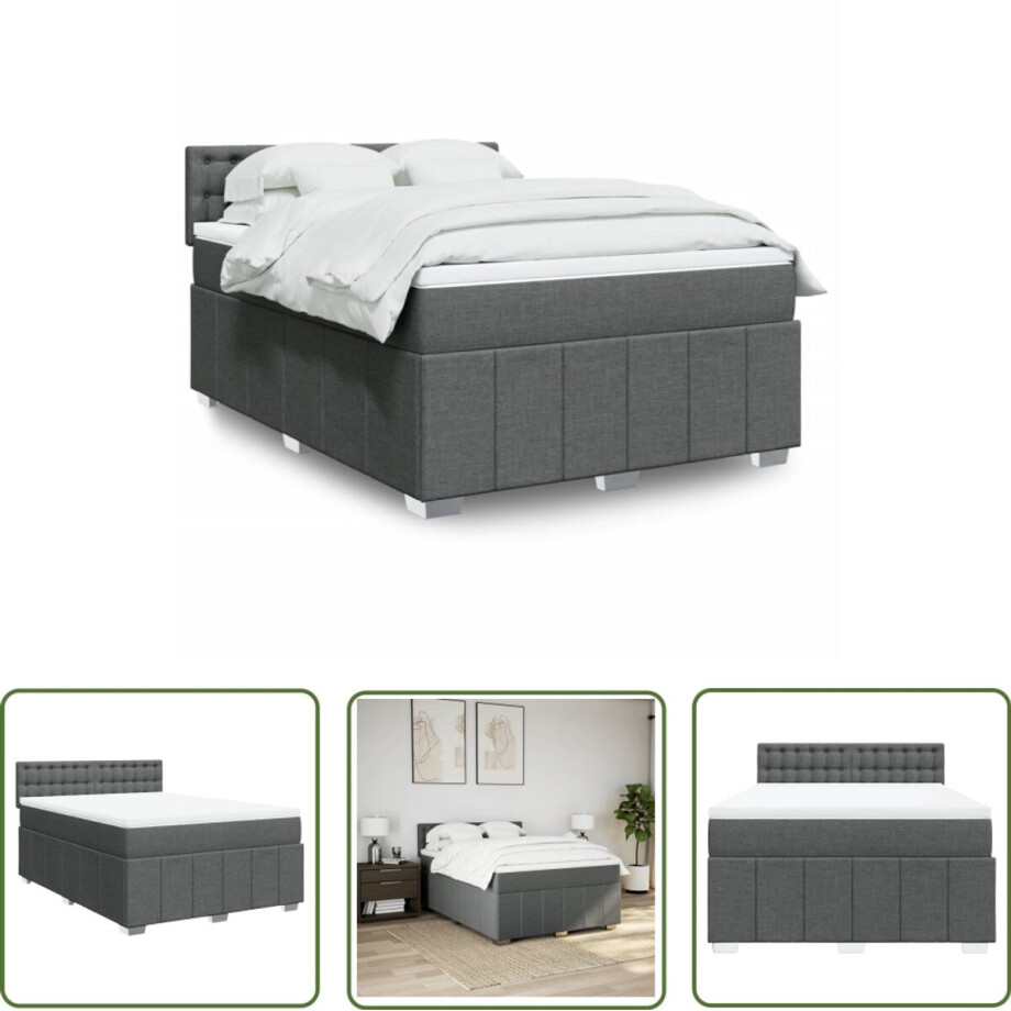 vidaXL Matras - Boxspring - Boxspring met matras stof donkergrijs 160x200 cm - Bed Frame - Donkere Grijze Kleur - Pocketvering afbeelding 1