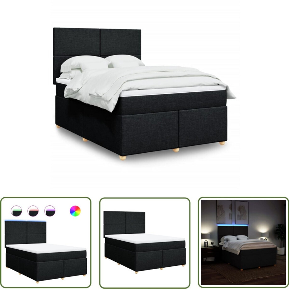 vidaXL Boxspringbed - Boxspring - Boxspring met matras stof zwart 140x200 cm - Matras - Pocketveringmatras - Led Verlichting vidaXL Boxspringbed - Boxspring - Boxspring met matras stof zwart 140x200 cm - Matras - Pocketveringmatras - Led Verlichting afbeelding 1