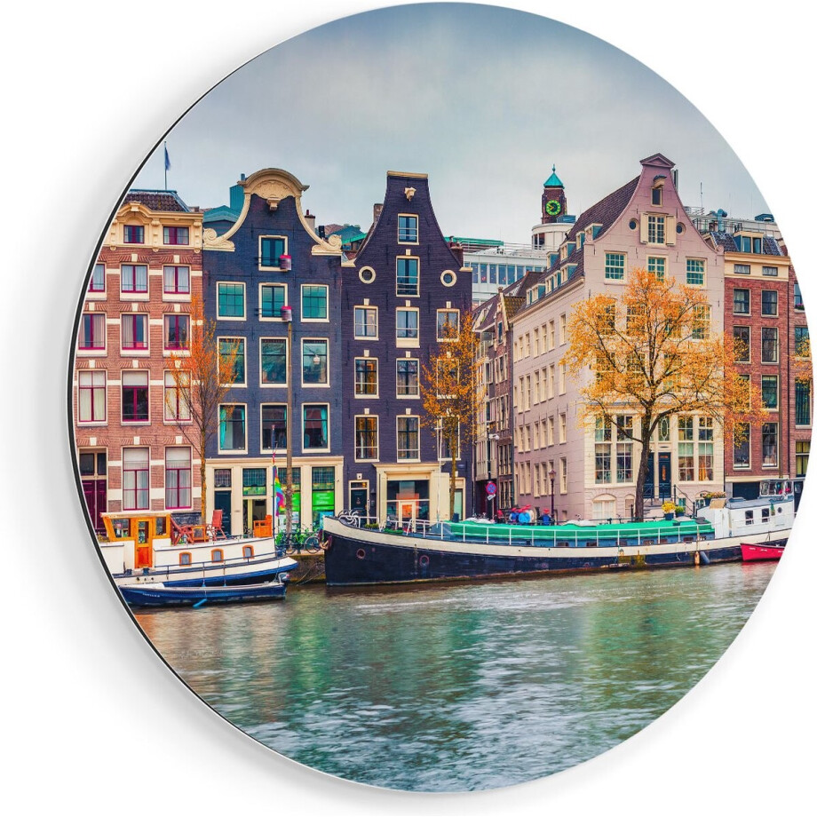 Artaza Dibond Muurcirkel Amsterdamse Huisjes Vanaf De Gracht - Ø 80 cm - Groot - Wandcirkel - Rond Schilderij - Voor Binnen en Buiten afbeelding 1