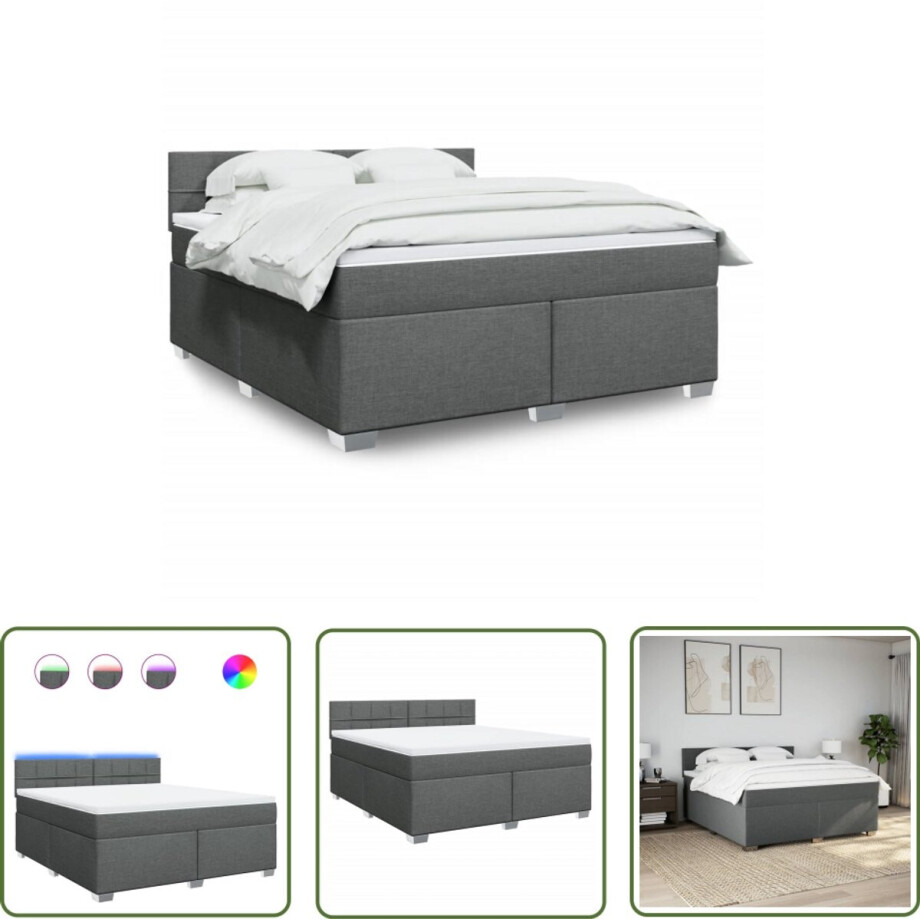 vidaXL Slaapcomfort - Boxspring - Boxspring met matras stof donkergrijs 180x200 cm - Led Verlichting - Matras - Pocketvering afbeelding 1