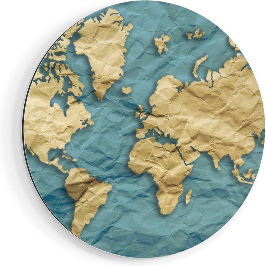 Artaza Dibond Muurcirkel Wereldkaart Op Gekreukeld Papier - Ø 90 cm - Groot - Wandcirkel - Rond Schilderij - Voor Binnen en Buiten afbeelding 1