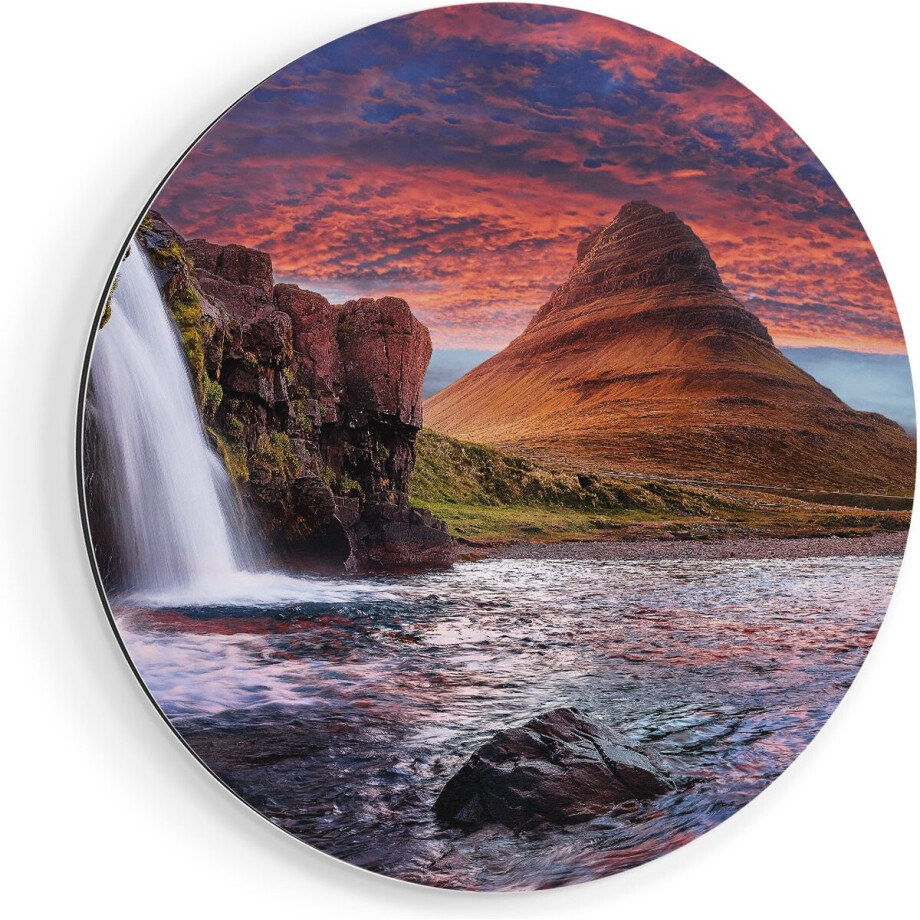 Artaza Dibond Muurcirkel - Waterval Bij Een berg - Ø 90 cm - Groot - Wandcirkel - Rond Schilderij - Voor Binnen en Buiten afbeelding 1