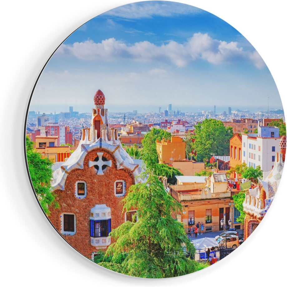 Artaza Dibond Muurcirkel Park Güell in Barcelona - Kleurrijk - Ø 40 cm - Klein - Wandcirkel - Rond Schilderij - Voor Binnen en Buiten afbeelding 1