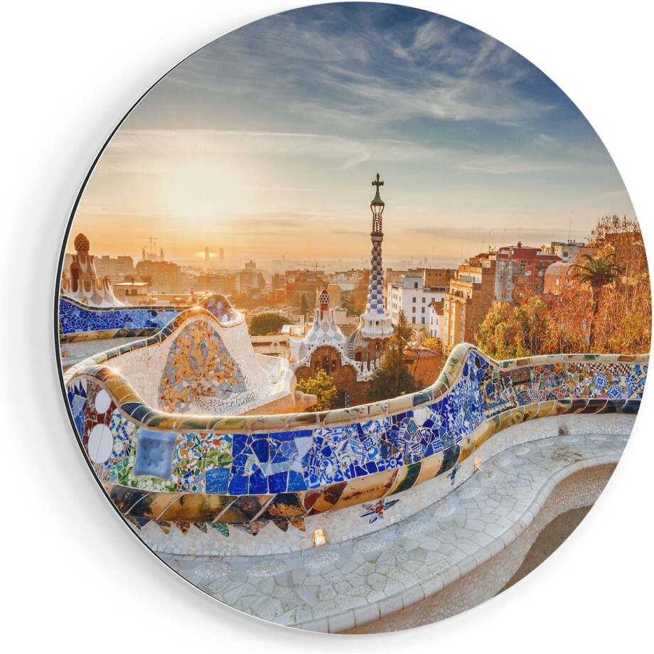 Artaza Dibond Muurcirkel Park Güell in Barcelona - Ø 60 cm - Wandcirkel - Rond Schilderij - Voor Binnen en Buiten afbeelding 1