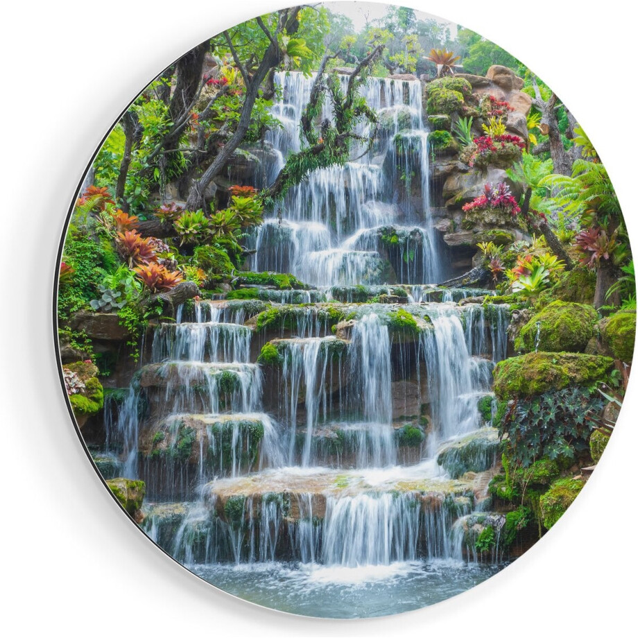 Artaza Dibond Muurcirkel Tropische Waterval In Thailand - Ø 70 cm - Wandcirkel - Rond Schilderij - Voor Binnen en Buiten afbeelding 1