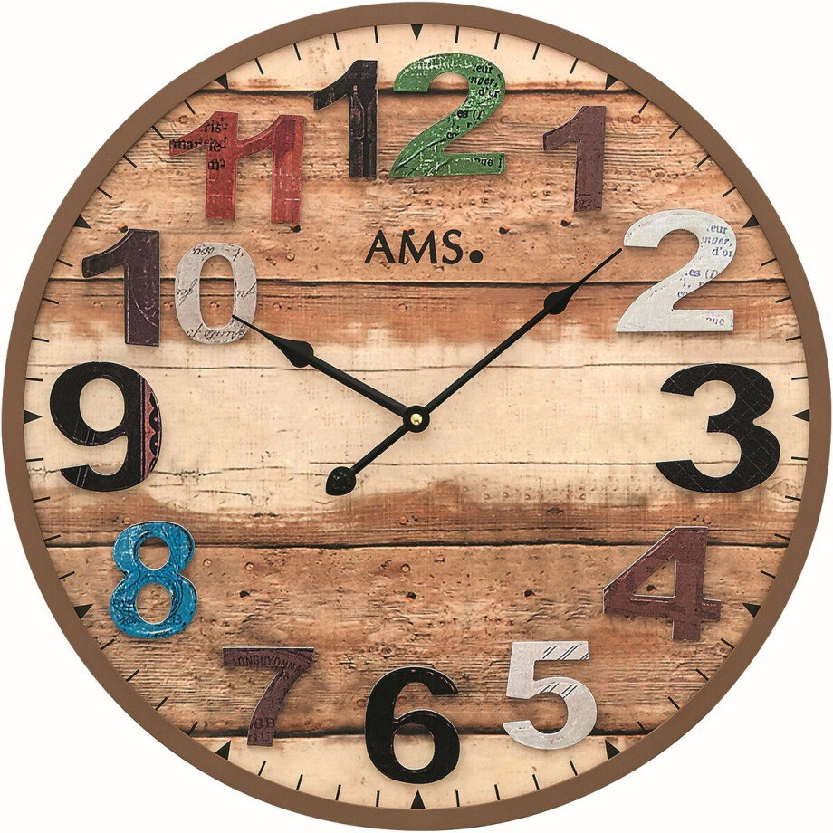 AMS W9539 - Wandklok - Hout - Cijfers - diameter 50 cm - Bruin - Multikleur AMS W9539 - Wandklok - Hout - Cijfers - diameter 50 cm - Bruin - Multikleur afbeelding 1