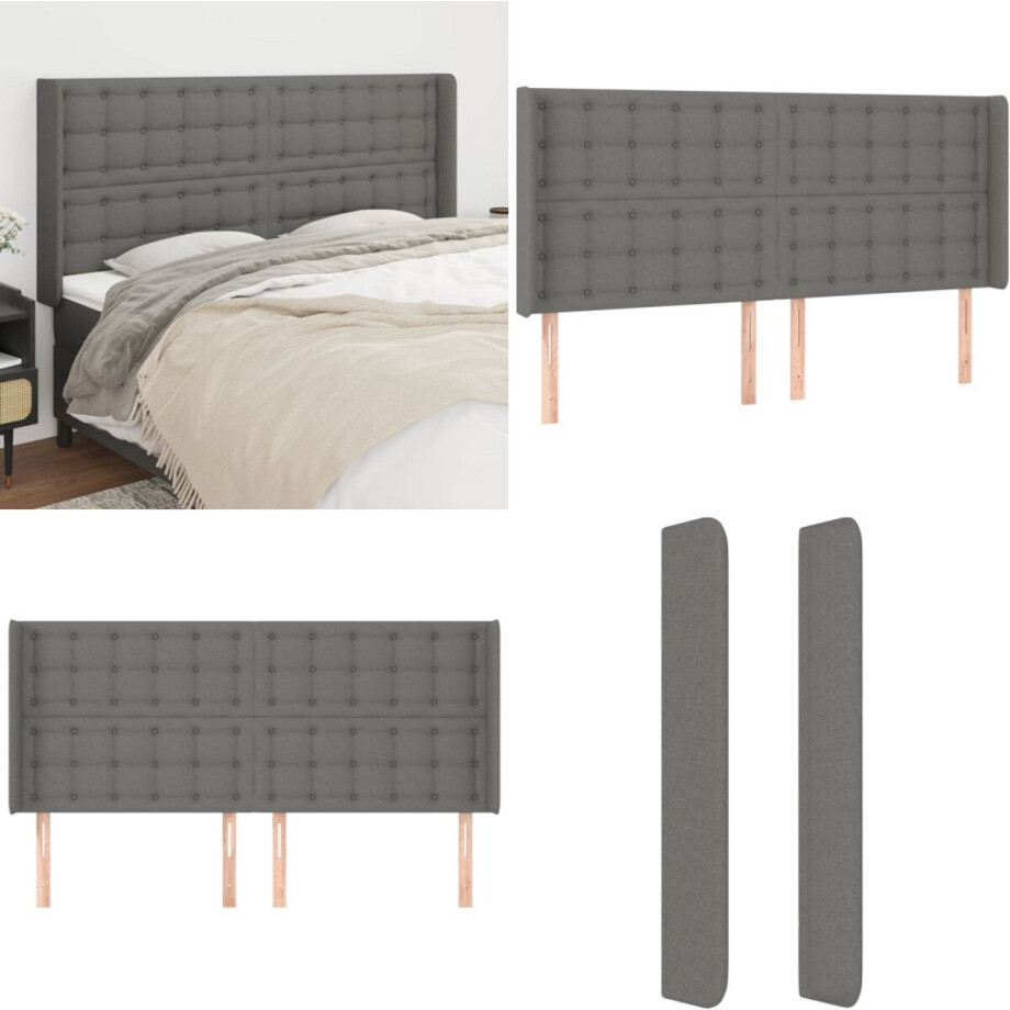 vidaXL Hoofdbord met randen 163x16x118/128 cm stof donkergrijs - Hoofdbord - Hoofdborden - Hoofdeinde - Houten Hoofdbord afbeelding 1